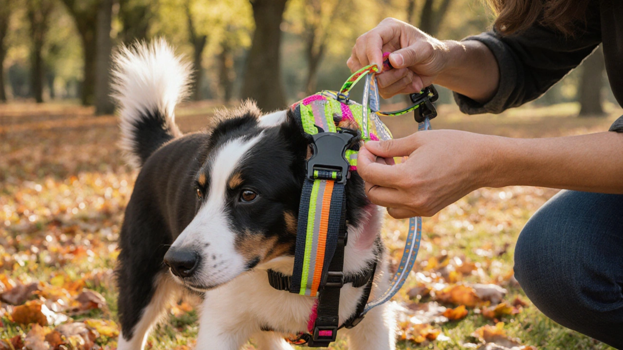 3D view of a person measuring a dog's chest and fitting a reflective harness in a park.