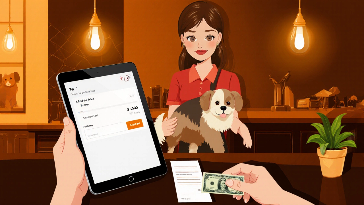 Groomer at checkout with a tablet tip field and a bill placed on the counter.